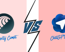 A split-image comparison graphic showing the logos of Perplexity Comet (left, with a stylized wave icon) and ChatGPT Atlas (right, with a layered, flower-like blue icon with a white arrow), separated by a bold VS in the center; the brands' names are written below their logos in blue script font, with a light pink background.