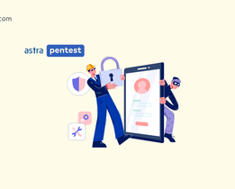 Astra Pentest illustration with a security expert holding a large padlock next to a giant mobile device showing a login screen, while a masked thief peeks from behind the device; shield and tools icons emphasize cybersecurity and protection, with techjockey.com branding in the corner