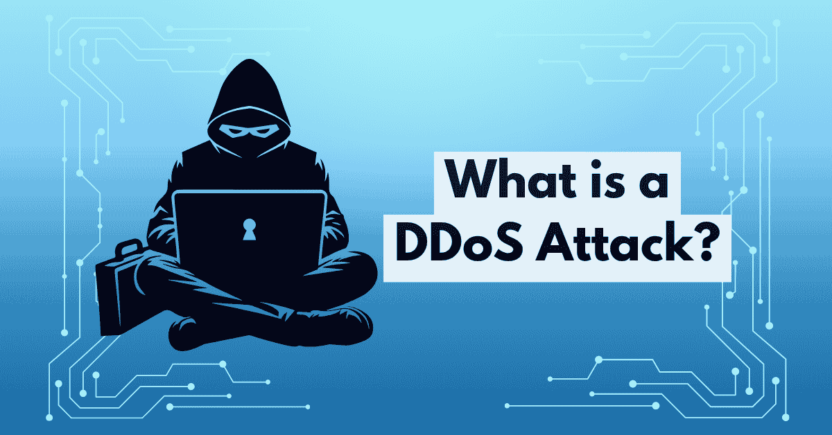 Illustration of a hooded figure with a laptop, signifying a hacker, with digital circuit patterns in the background and large text asking, What is a DDoS Attack?