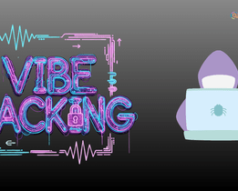 Illustration showing the words Vibe Hacking in neon cyber-style typography with a padlock icon, next to a hooded figure using a laptop with a bug symbol, representing AI-powered cybercrime; TechJockey.com logo in the corner.