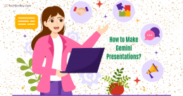 An illustrated image showing a woman in a pink blazer holding a laptop, with her face blurred. Surrounding her are colorful icons including a chat bubble, handshake, puzzle pieces, message box, and megaphone. The background has decorative plants, gears, sparkling dots, and the TechJockey logo at the top left. Text reads How to Make Gemini Presentations?.