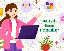 An illustrated image showing a woman in a pink blazer holding a laptop, with her face blurred. Surrounding her are colorful icons including a chat bubble, handshake, puzzle pieces, message box, and megaphone. The background has decorative plants, gears, sparkling dots, and the TechJockey logo at the top left. Text reads How to Make Gemini Presentations?.