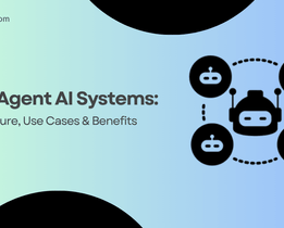 Illustration showing interconnected robot icons representing Multi Agent AI Systems with text 'Architecture, Use Cases & Benefits' on a gradient blue green background and techjockey.com logo.