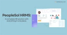 An illustrated banner for PeopleSol HRMS, displaying the tagline A complete HR solution with everything in one place. The graphic shows sample HR software screens with welcoming and onboarding interfaces, user profile, and dashboard icons, branded with techjockey.com.