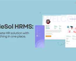 An illustrated banner for PeopleSol HRMS, displaying the tagline A complete HR solution with everything in one place. The graphic shows sample HR software screens with welcoming and onboarding interfaces, user profile, and dashboard icons, branded with techjockey.com.