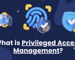 A digital banner with icons representing security elements such as documents, fingerprint authentication, and shields, alongside the prominent text What is Privileged Access Management? on a dark blue background.