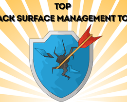 An illustration features a cracked blue shield pierced by a red arrow, symbolizing a security breach, with rays radiating outward in the background. The text above reads Top Attack Surface Management Tools, and a small techjockey.com logo is visible in the top-left corner.
