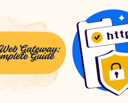 Illustration showing a mobile device with a shield and padlock icon, and a web address bar displaying https:// to represent online security. The text reads Secure Web Gateway: A Complete Guide with the techjockey.com logo in the top left corner.