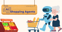 An illustrated image showing a friendly robot assisting an elderly woman while pushing a shopping cart filled with groceries. A wooden sign above reads AI Shopping Agents alongside the TechJockey.com logo, and a fruit stand with various colorful fruits is visible in the corner.