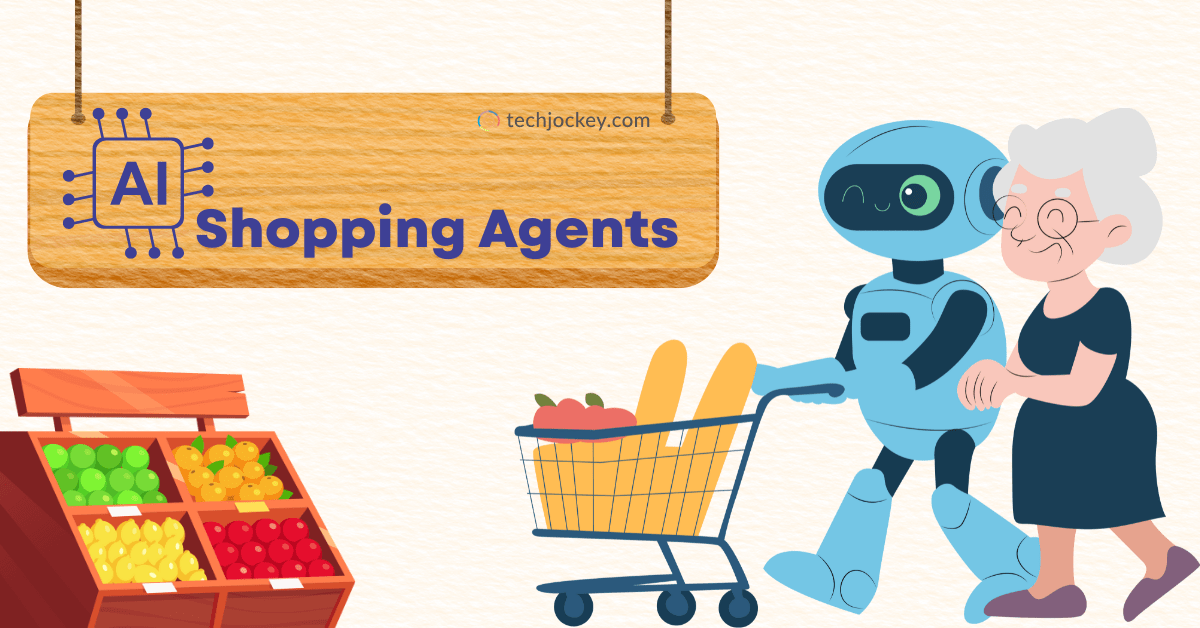 An illustrated image showing a friendly robot assisting an elderly woman while pushing a shopping cart filled with groceries. A wooden sign above reads AI Shopping Agents alongside the TechJockey.com logo, and a fruit stand with various colorful fruits is visible in the corner.