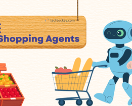 An illustrated image showing a friendly robot assisting an elderly woman while pushing a shopping cart filled with groceries. A wooden sign above reads AI Shopping Agents alongside the TechJockey.com logo, and a fruit stand with various colorful fruits is visible in the corner.