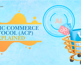 A digital graphic explaining Agentic Commerce Protocol (ACP) by TechJockey features a shopping cart filled with a blue bag and discount tags, set against a light blue watercolor background with modern orange design accents. An AI symbol appears within a circular tech motif, visually linking artificial intelligence to digital commerce.