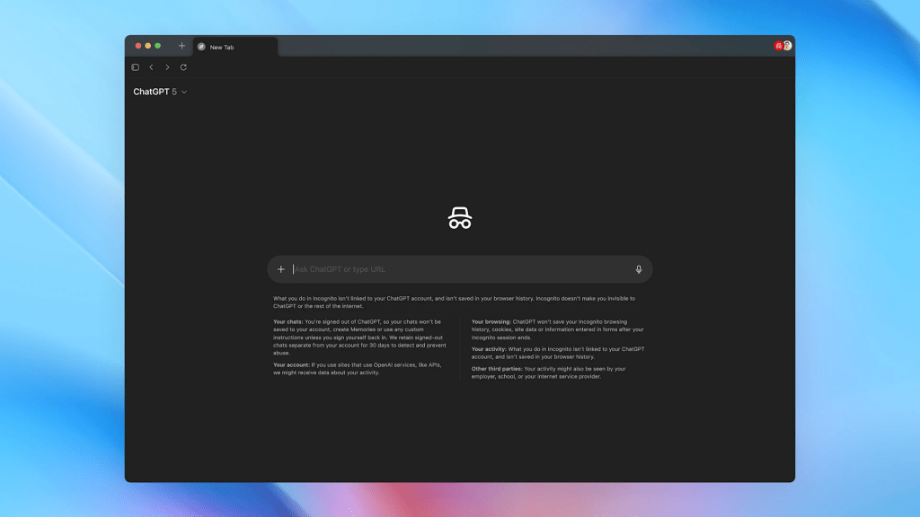 ChatGPT browser interface in incognito mode, featuring a dark theme with a centered incognito icon and privacy information text below the search bar.