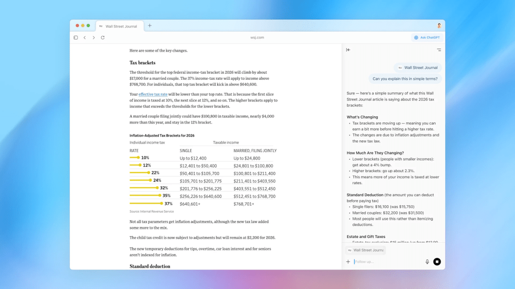ChatGPT interface offering personalized action suggestions such as finding holiday recipes, researching gifts, activating agent mode, and completing holiday shopping, set against a minimal white and blue background