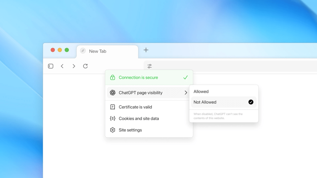 Browser security dropdown showing a secure connection with ChatGPT page visibility options set to 'Allowed' or 'Not Allowed,' alongside site settings and other security information