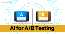 Illustration showing two laptops side by side, labeled 'A' in blue and 'B' in yellow, representing A/B testing with digital circuit patterns in the background and the caption 'AI for A/B Testing' at the bottom