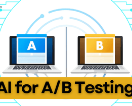 Illustration showing two laptops side by side, labeled 'A' in blue and 'B' in yellow, representing A/B testing with digital circuit patterns in the background and the caption 'AI for A/B Testing' at the bottom