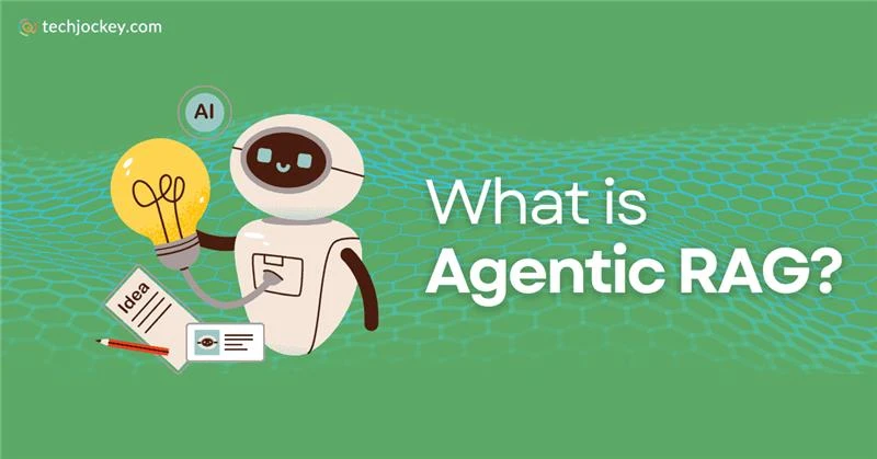 A friendly robot holding a glowing light bulb labeled Idea stands next to a desk with notes and a pencil, symbolizing creativity and knowledge generation. A small circular badge above the robot displays AI. The background is green with a hexagonal mesh pattern. The text on the right reads What is Agentic RAG? and the techjockey.com logo appears in the top left corner.