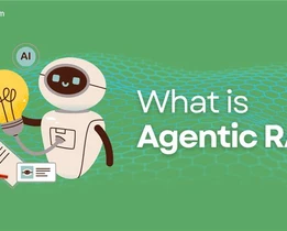 A friendly robot holding a glowing light bulb labeled Idea stands next to a desk with notes and a pencil, symbolizing creativity and knowledge generation. A small circular badge above the robot displays AI. The background is green with a hexagonal mesh pattern. The text on the right reads What is Agentic RAG? and the techjockey.com logo appears in the top left corner.