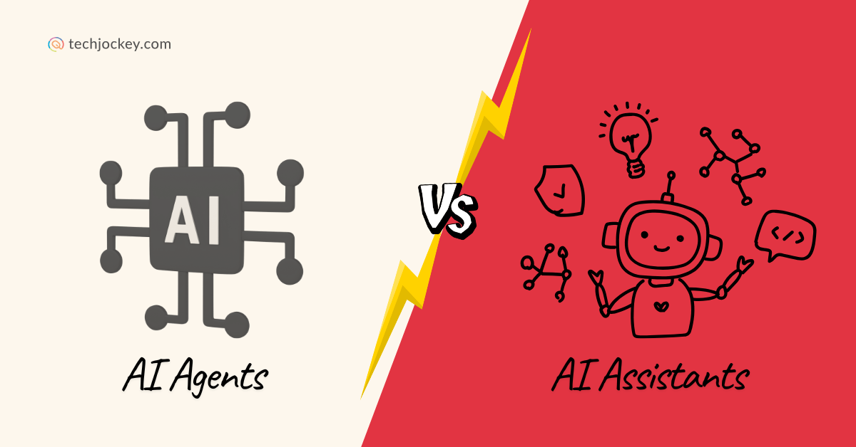 Comparison graphic showing AI Agents on the left with a microchip-style AI icon, and AI Assistants on the right with a friendly robot and idea icons, divided by a lightning bolt with ‘VS’ in the center.