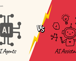 Comparison graphic showing AI Agents on the left with a microchip-style AI icon, and AI Assistants on the right with a friendly robot and idea icons, divided by a lightning bolt with ‘VS’ in the center.