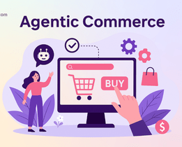 Illustration showing a person interacting with an AI-powered shopping interface on a computer screen, highlighting the concept of agentic commerce with chatbots, automation icons, and a large Buy button.