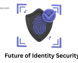 A digital illustration showing a black security shield with a fingerprint symbol and a checkmark, surrounded by blue corner markers, representing the concept of identity verification. The text Future of Identity Security appears below, with the techjockey.com logo in the top left corner.
