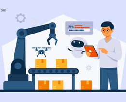 Illustration of a modern warehouse using robotics and automation, featuring a robotic arm, drone, conveyor belt with packages, an AI robot assistant, and a worker monitoring operations on a tablet.