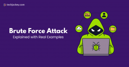 Illustration of a hooded cyber attacker using a laptop with a malware symbol, surrounded by icons for credentials, user identity, cloud data, and files, placed next to the text Brute Force Attack Explained with Real Examples on a purple background