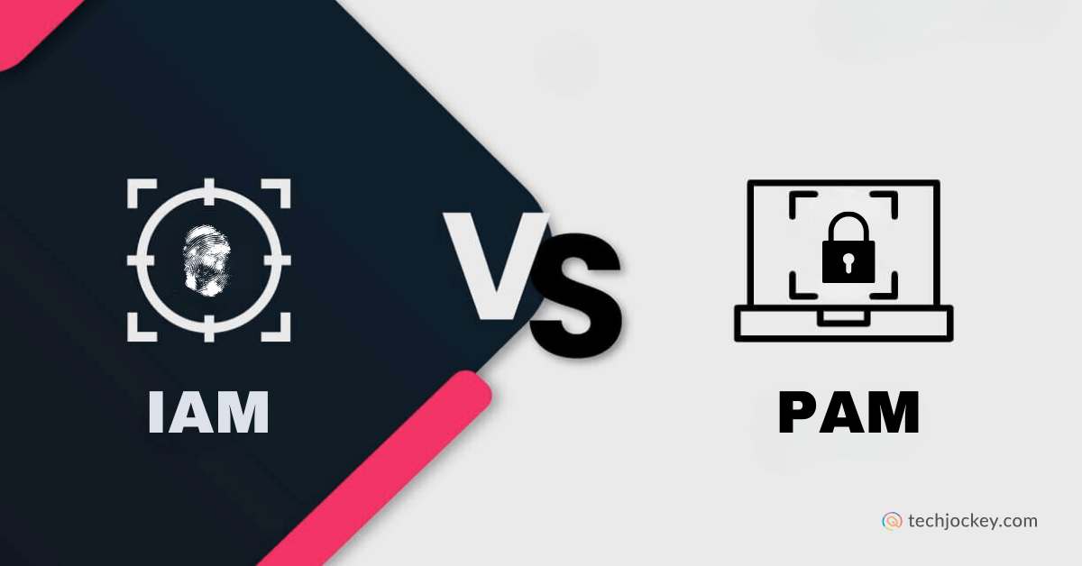 IAM vs PAM comparison illustration showing a fingerprint icon under IAM and a locked laptop icon under PAM for cybersecurity identity and access management.