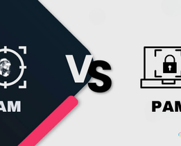 IAM vs PAM comparison illustration showing a fingerprint icon under IAM and a locked laptop icon under PAM for cybersecurity identity and access management.