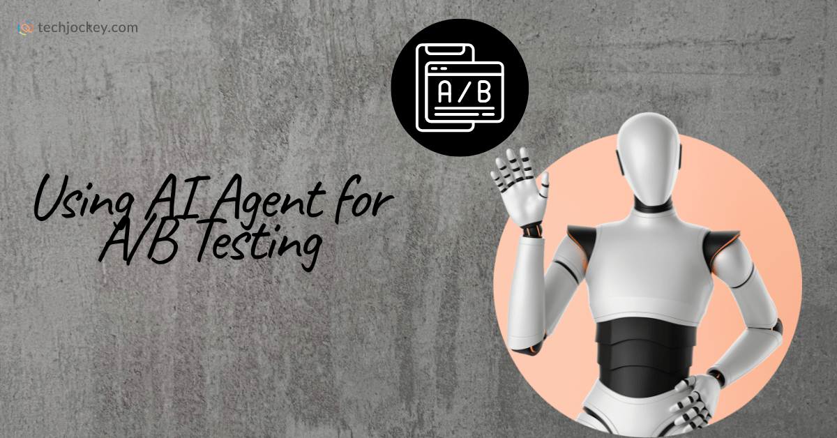 AI robot showcasing automated A/B testing with AI agent icon on a concrete background for digital optimization and experimentation