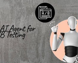 AI robot showcasing automated A/B testing with AI agent icon on a concrete background for digital optimization and experimentation
