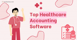 Illustration of a doctor with medical icons and the text Top Healthcare Accounting Software designed in a healthcare theme.