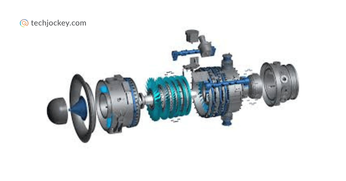 Exploded 3D CAD model of a mechanical assembly showing different parts and internal components.