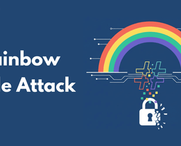 Illustration showing a rainbow breaking into hash symbols and unlocking a padlock, representing a rainbow table attack in cybersecurity.