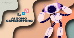 A cute dancing robot listening to music with icons and the text Top AI Song Generators on a colorful abstract background, representing AI-powered music creation.