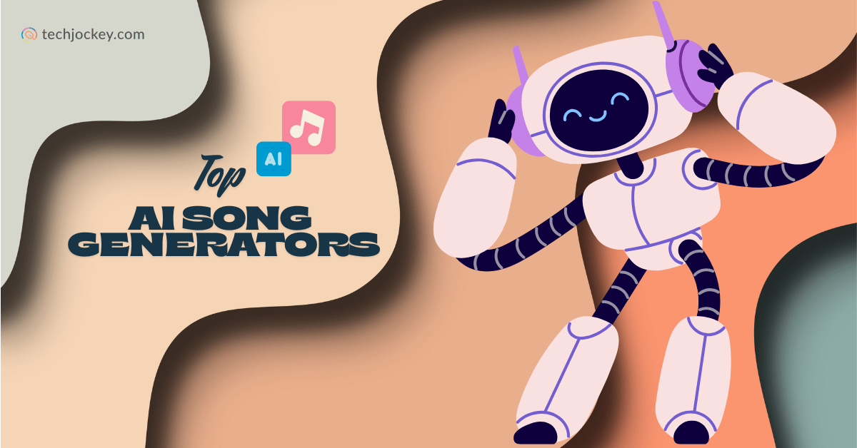 A cute dancing robot listening to music with icons and the text Top AI Song Generators on a colorful abstract background, representing AI-powered music creation.