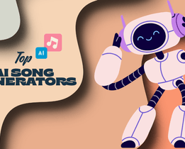 A cute dancing robot listening to music with icons and the text Top AI Song Generators on a colorful abstract background, representing AI-powered music creation.
