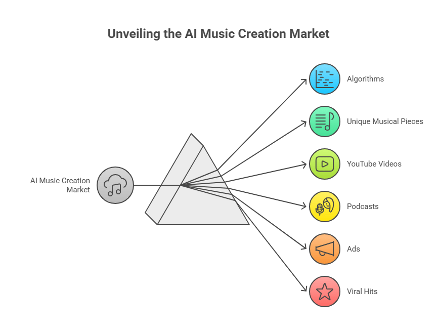 A diagram titled Unveiling the AI Music Creation Market shows a central triangular shape representing the AI music creation ecosystem. On the left, an icon labeled AI Music Creation Market is connected to the triangle. From the triangle, six lines extend to colorful circular icons on the right, each representing a different application: blue for Algorithms, green for Unique Musical Pieces, lime for YouTube Videos, yellow for Podcasts, orange for Ads, and red for Viral Hits.