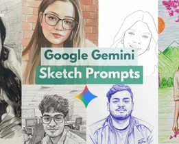 Google Gemini sketch prompts collage showing multiple hand-drawn portraits with Techjockey branding.