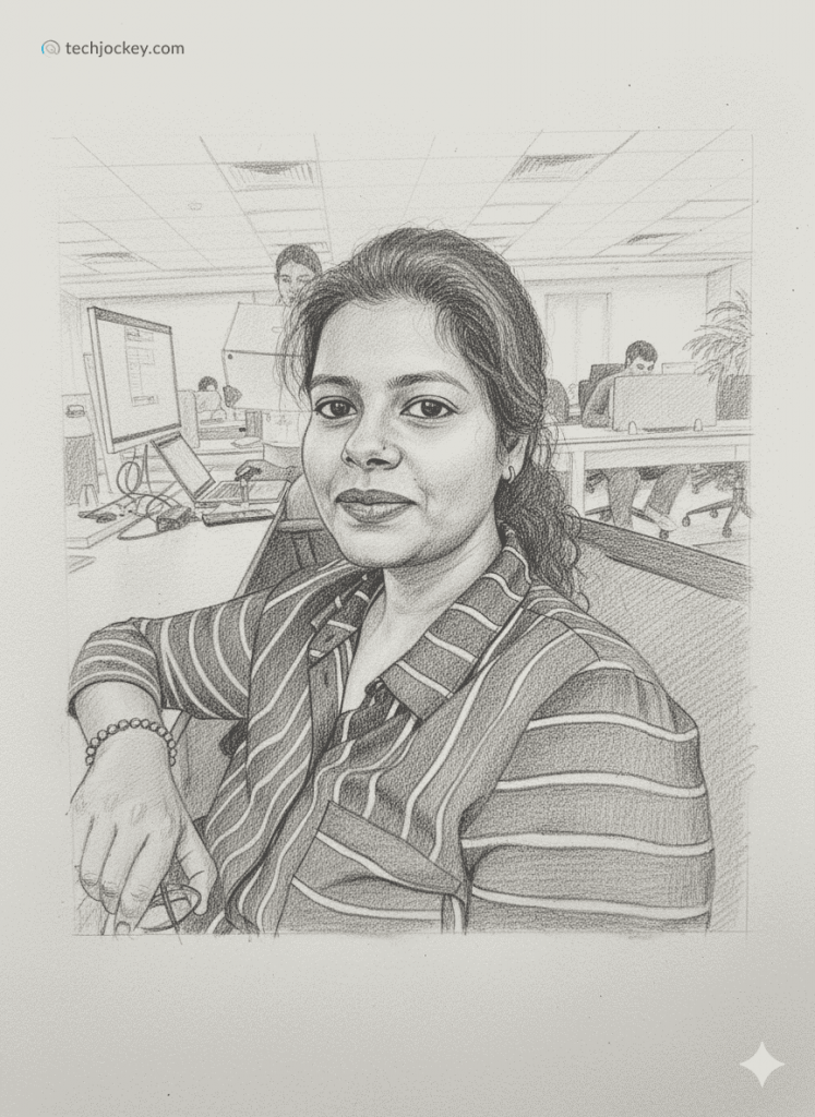 Pencil sketch of a woman sitting at her office desk with computers and colleagues working in the background.