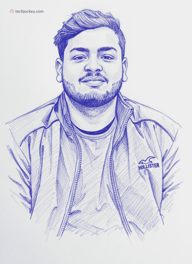 Blue pen sketch of a young man wearing a casual jacket, posing confidently against a plain background.