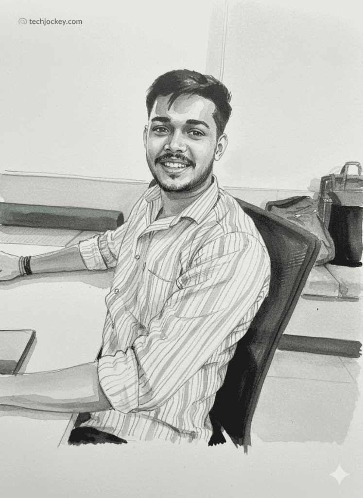 Grayscale illustrated portrait of a smiling man sitting at his office desk with a casual and friendly expression.