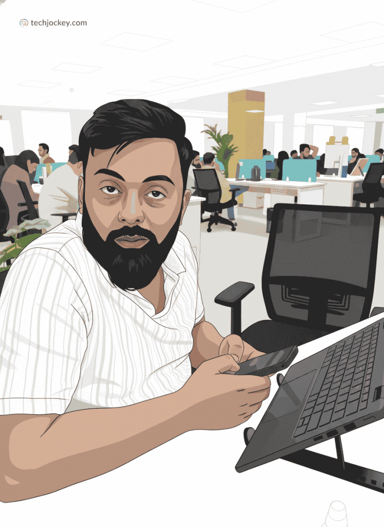 Vector-style digital artwork of a man in a busy office environment using a smartphone while sitting at a desk with a laptop.