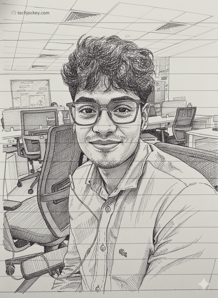 Hand-drawn pencil sketch of a smiling young man wearing glasses and earphones while sitting in a modern office workspace.
