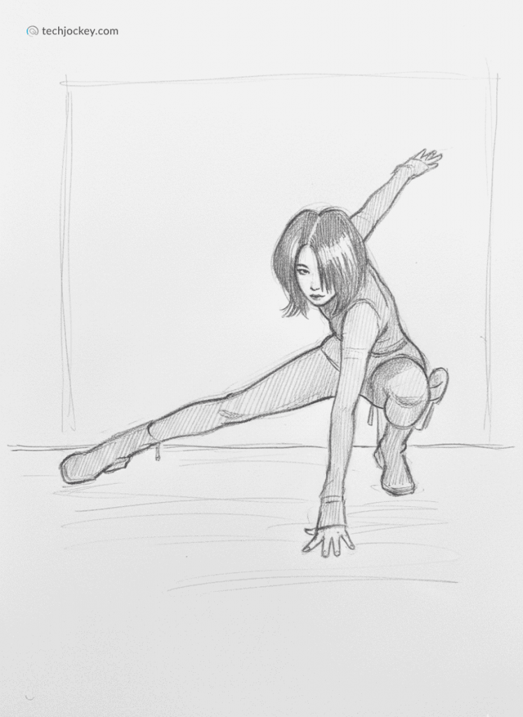 Pencil sketch of a woman in a dynamic pose with one arm extended and one leg stretched forward against a minimal background.