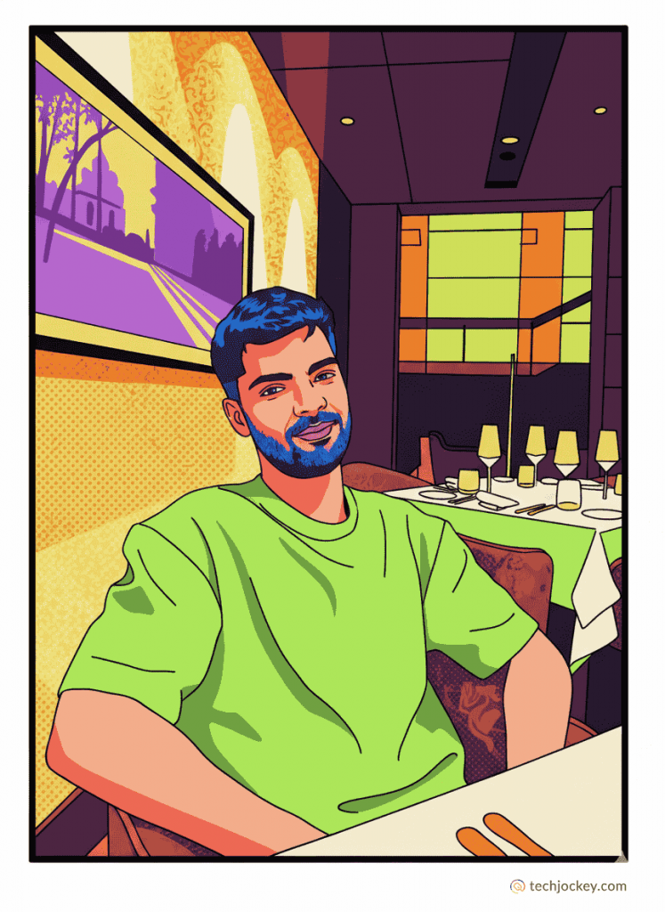 Vibrant digital illustration of a smiling man sitting at a restaurant table with elegant decor and framed artwork in the background.