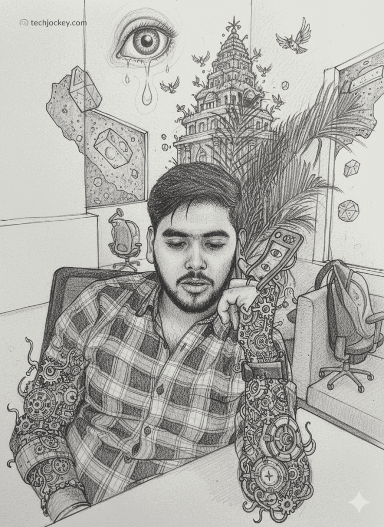 Creative surreal sketch of a man in an office with a robotic mechanical arm and imaginative elements like a large eye and ancient building in the background.