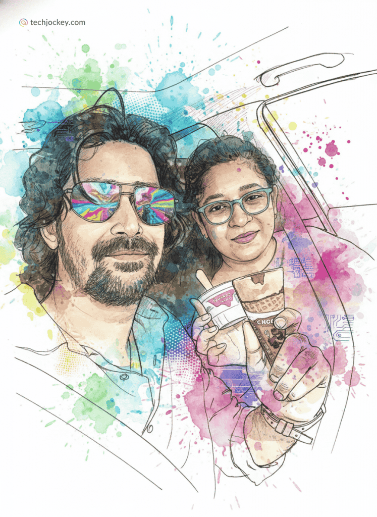 Watercolor illustration of a smiling couple holding ice cream cups inside a car with colorful splash effects.